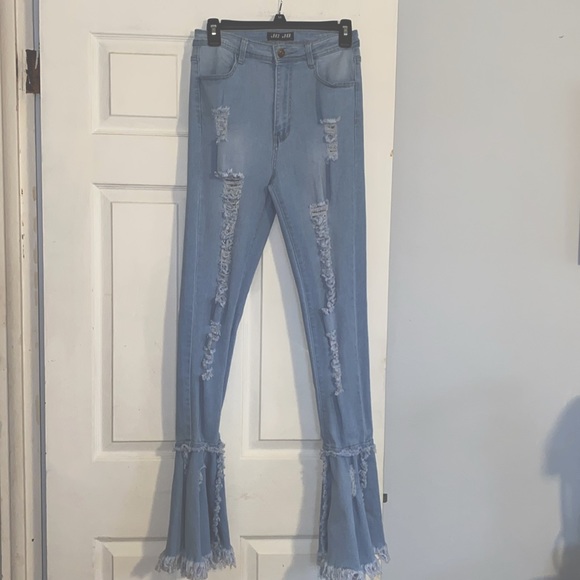 JC JQ Light Blue High Waist Stretchy Flared Bottom Denim Destroyed Jeans NEW - Picture 5 of 15
